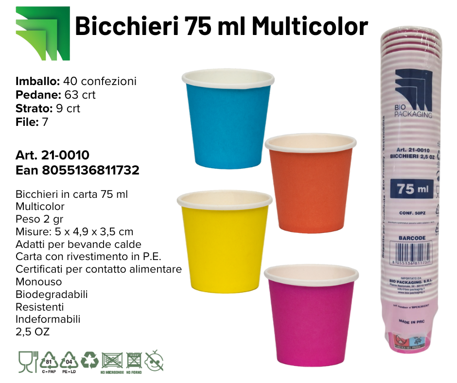 Immagine Bicchieri di carta 75 ml multicolor conf. 50 pz